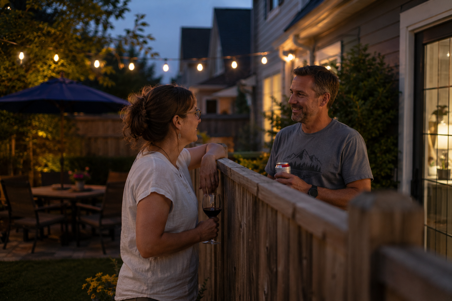 Evening backyard chat with neighbor