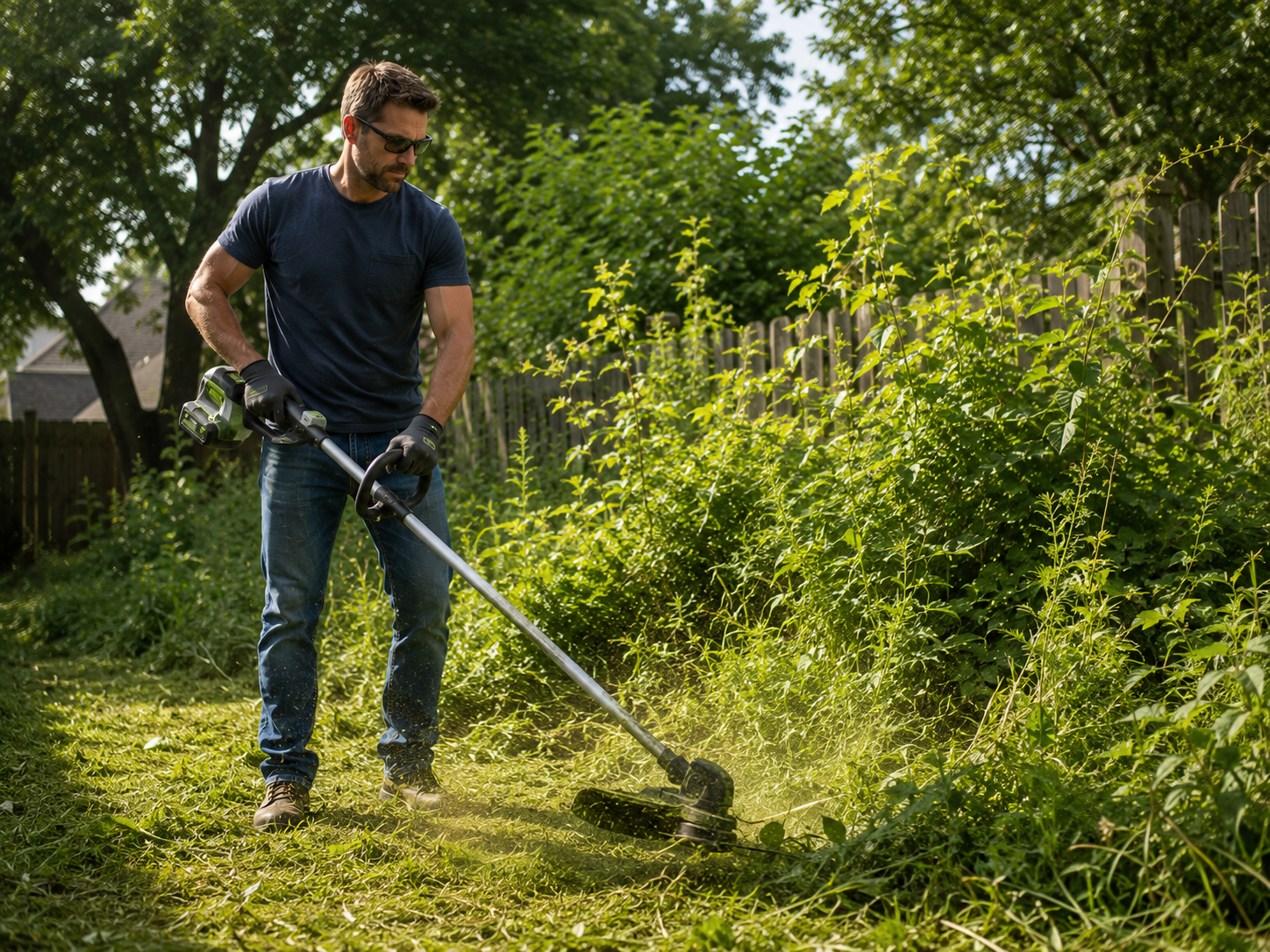 Man easily trimming overgrown backyard grass