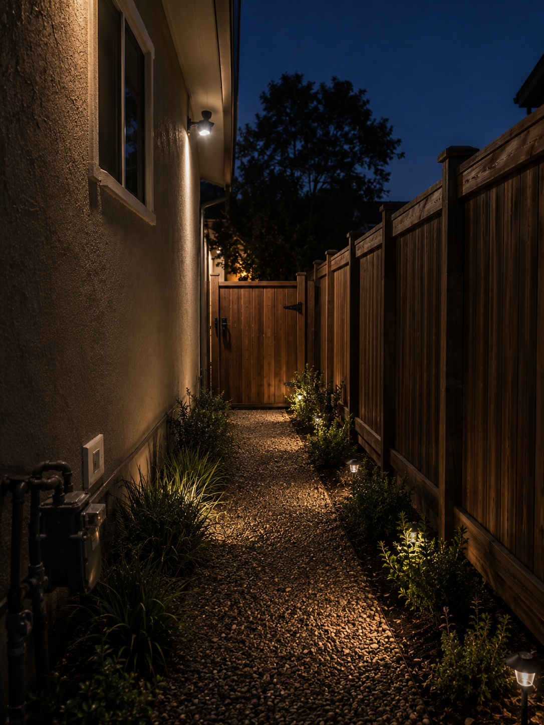 Serene evening path with warm lighting