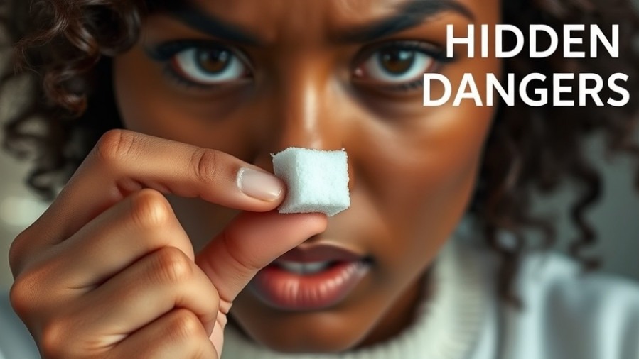 Concerned woman examining a sugar cube, highlighting health risks of sugar intake reduction.