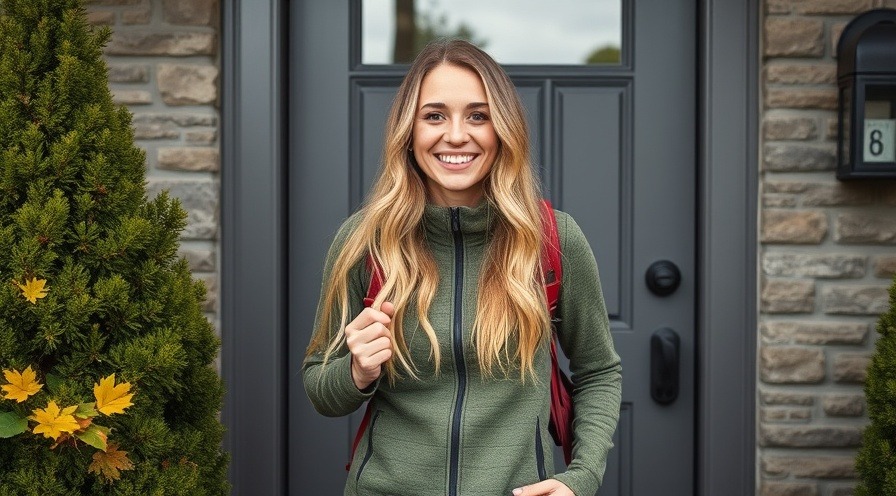 Smiling blonde model in autumn outfit promotes healthy lifestyle choices for natural detoxification.