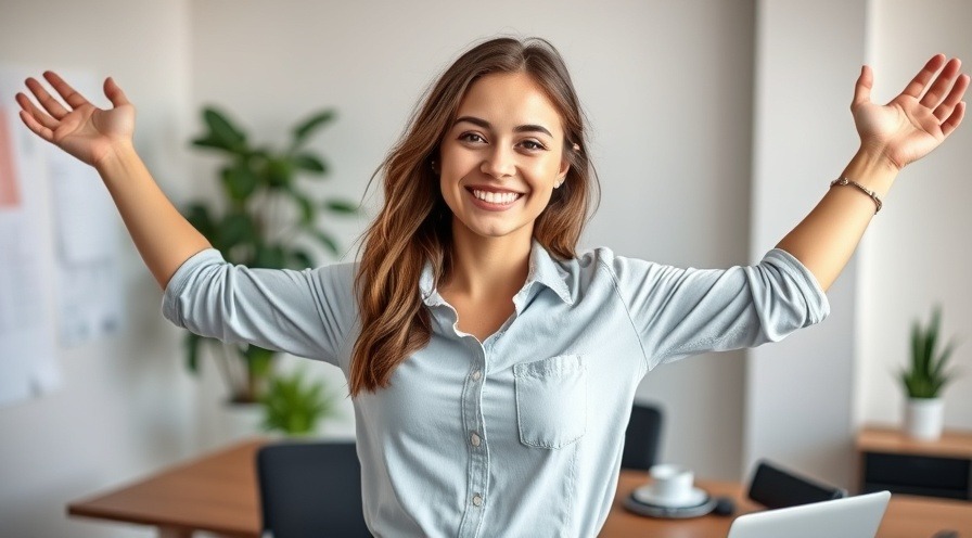 Casual woman stretching at modern office, showcasing posture improvement and energy boosting.