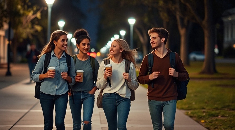 Four college students walking at night, creating a friendly atmosphere.