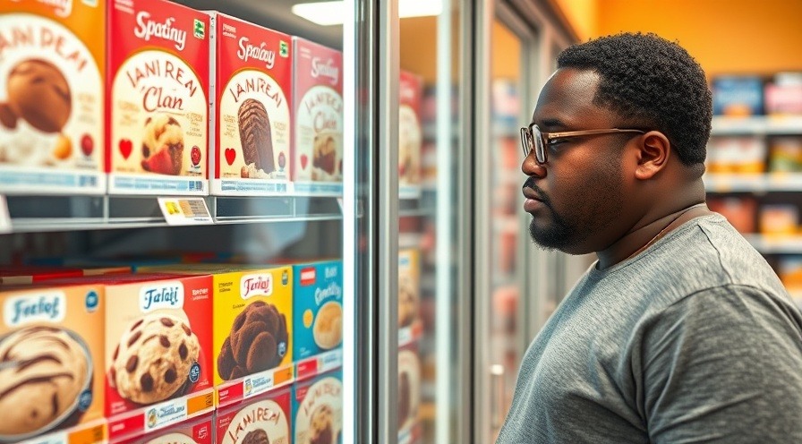 male with glasses choosing frozen ice cream in grocery store aisle