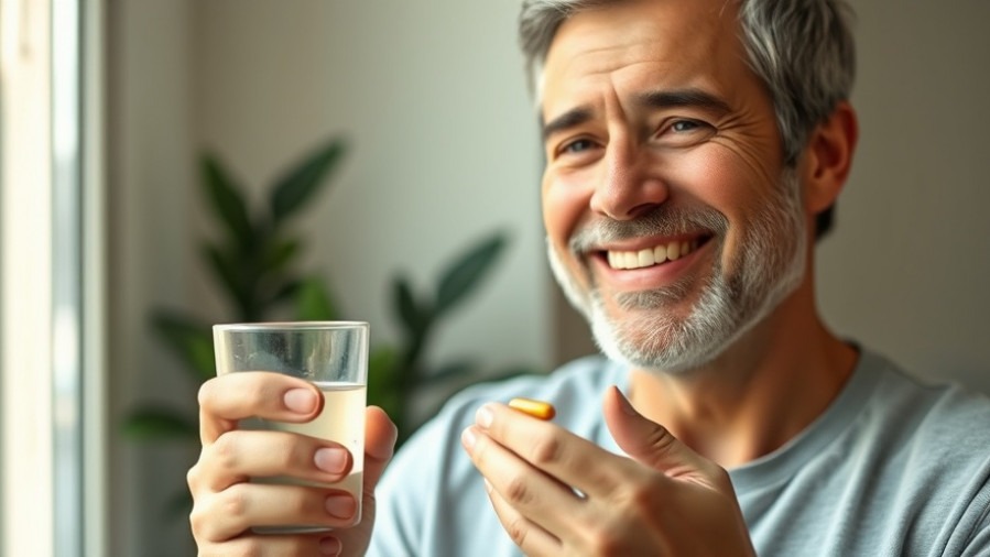 Joyful man holding a golden capsule for Ayurvedic health benefits, promoting liver support.