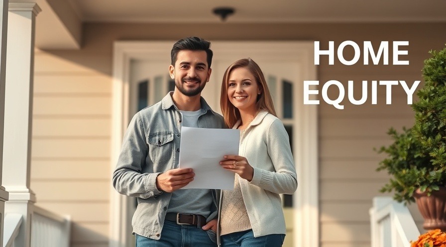 Confident couple on porch, holding home equity paperwork in soft morning light.