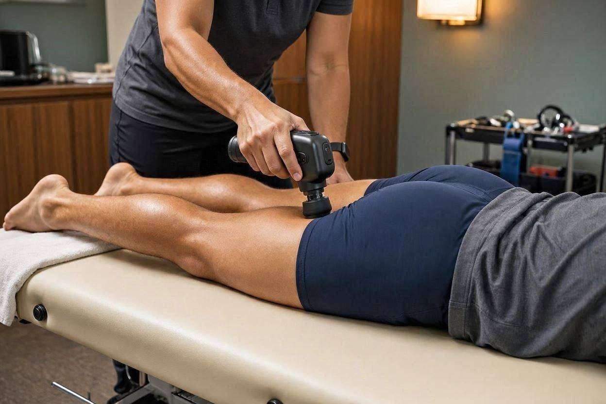 a percussion massage device being applied to a hamstring