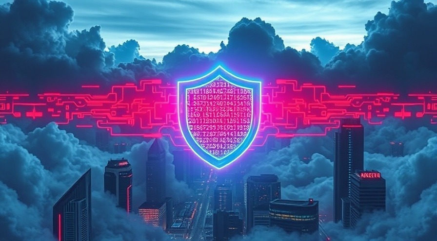 Futuristic digital firewall in a cyberpunk city, blocking red data packets with a glowing shield.