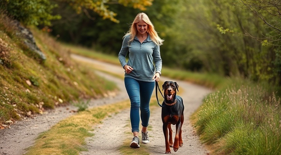 Woman using walking tips for arthritis while walking downhill with her doberman.