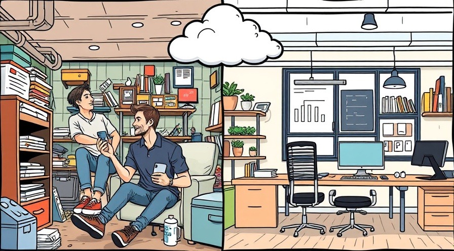 Comic-style split screen of friends in a basement evolving to a startup, with cloud icons.