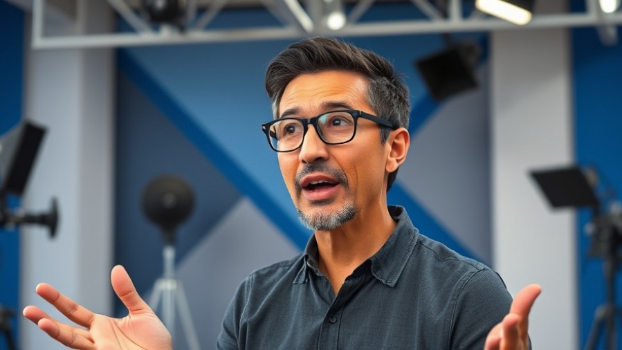 Middle-aged man discussing stem cell regeneration benefits in a modern studio.