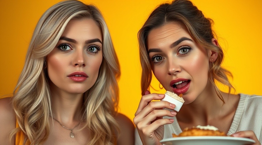 Two women contrasting processed foods risks; one questions while the other enjoys dessert.