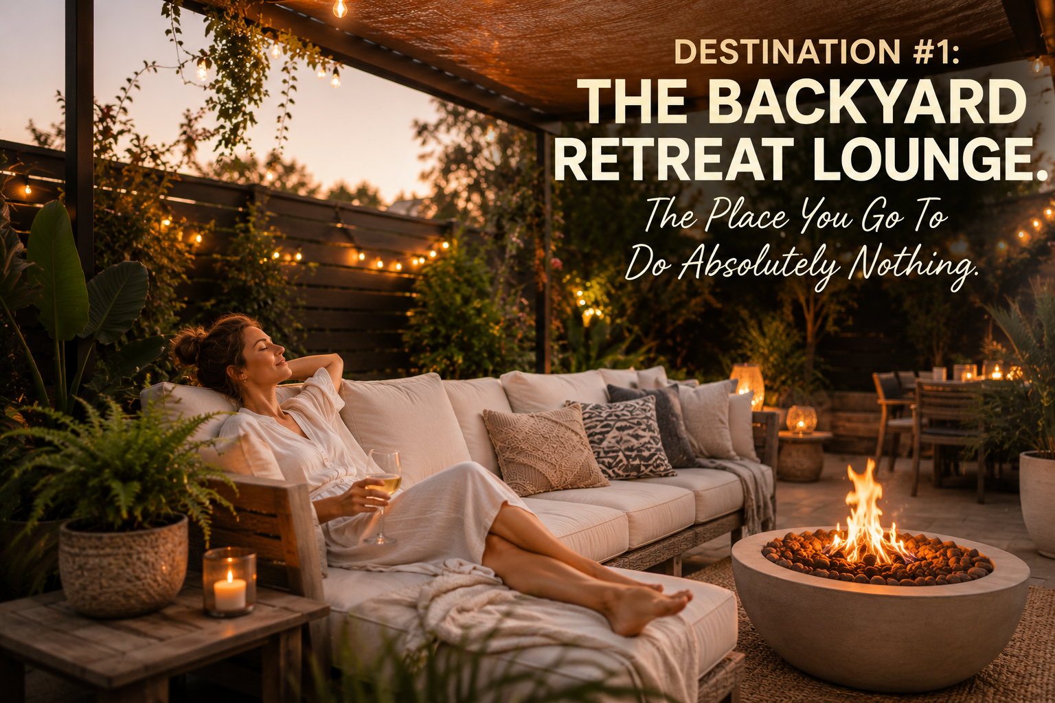 Backyard retreat lounge at sunset