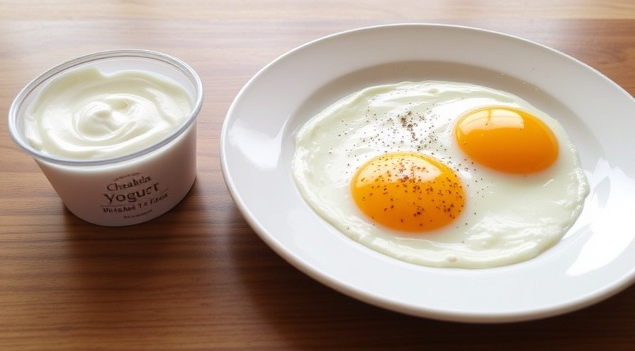 Healthy breakfast of eggs and a side cup of Greek yogurt.