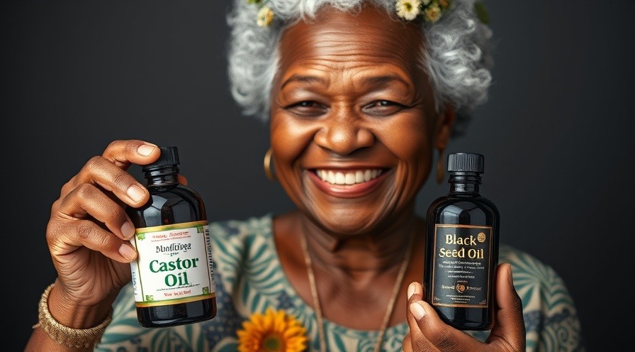 Older woman showcasing holistic remedies, holding castor oil and black seed oil.