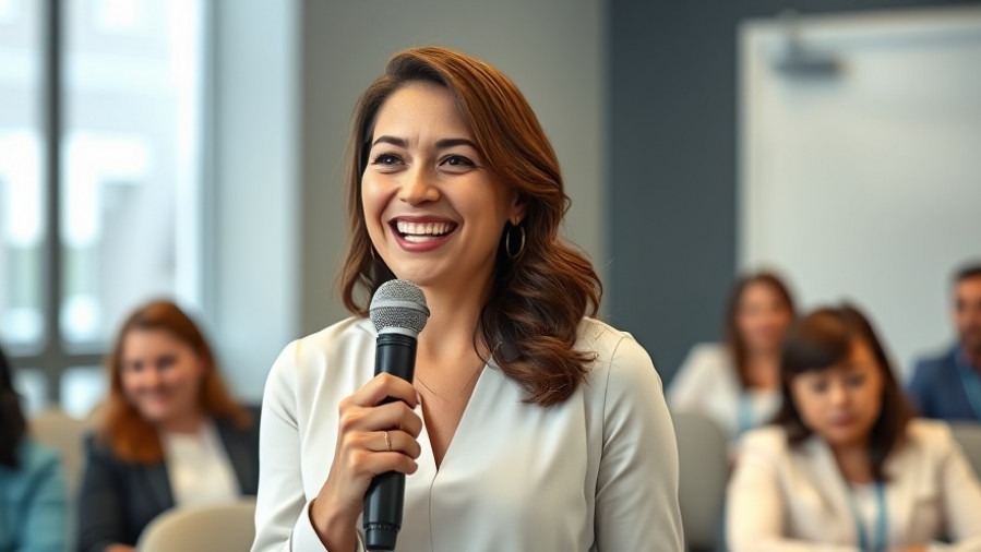 Smiling woman energetically explaining uterine abnormalities in a bright office.