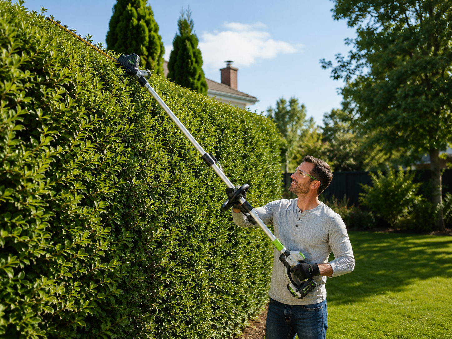 Man trimming hedge in sunny garden
