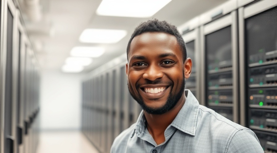 Handsome black male smiling in a modern network server room.