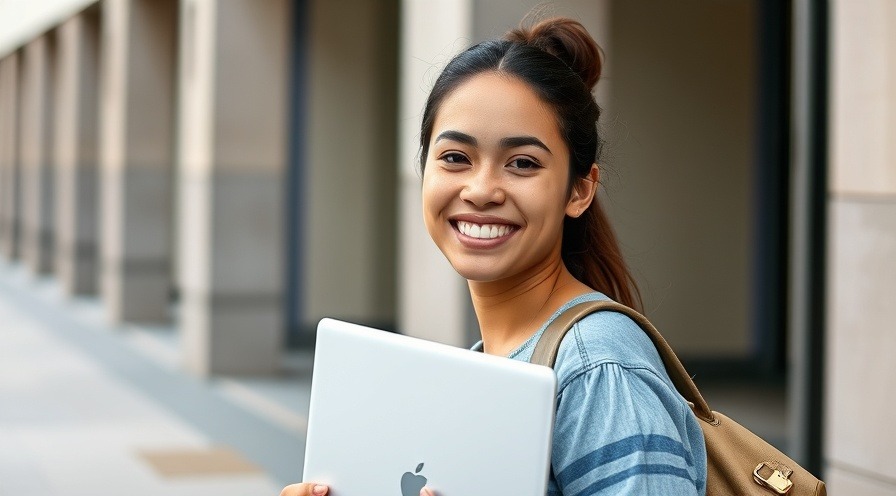 Smiling 20-year-old Hispanic female with laptop, showcasing youthful confidence
