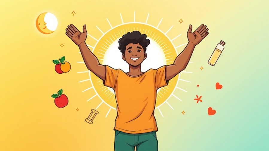 Male in victory pose, radiating wellness symbols, empowering health illustration.