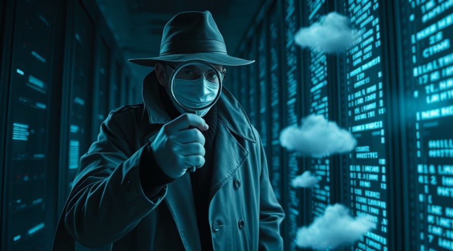 Detective in trench coat analyzing floating cloud logs in a cyberpunk server room