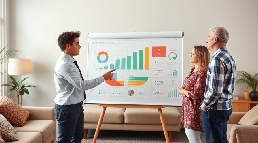 Teenage kis in corporate attire presenting a chart to parents in a living room.