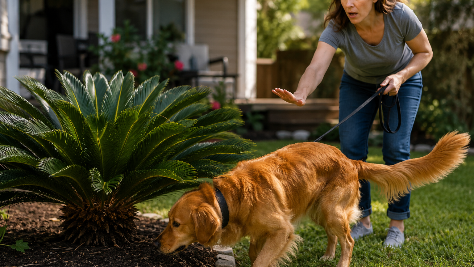 Woman restraining dog in backyard garden