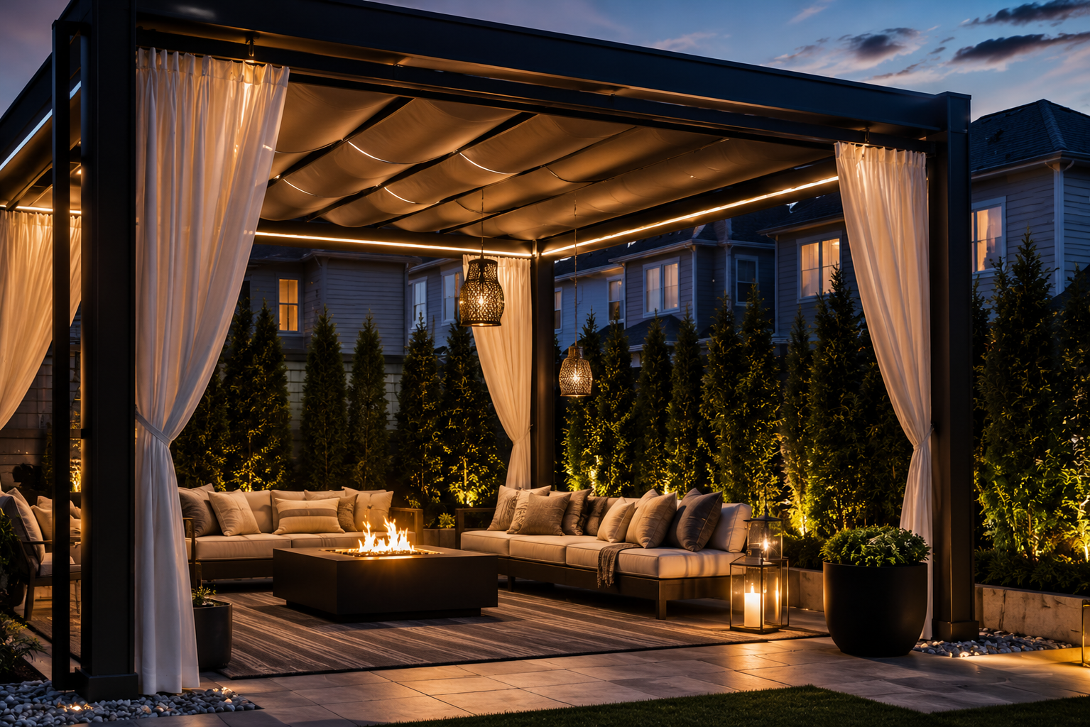 Cozy suburban backyard pergola at twilight
