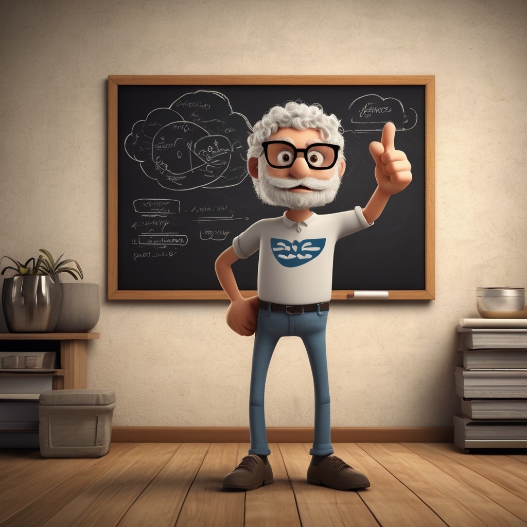 A chalkboard with cloud security tips written on it, a cartoon character with glasses pointing at the board