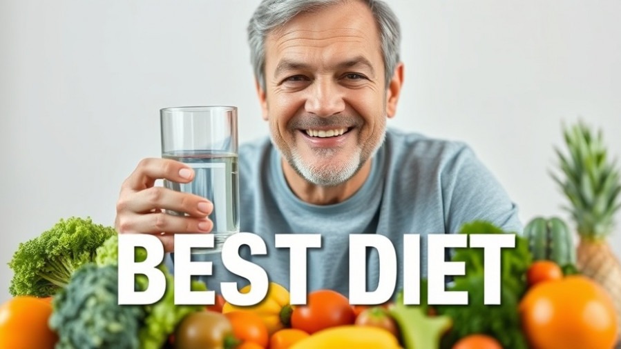 Smiling man with water and fresh produce, promoting a kidney stones diet.