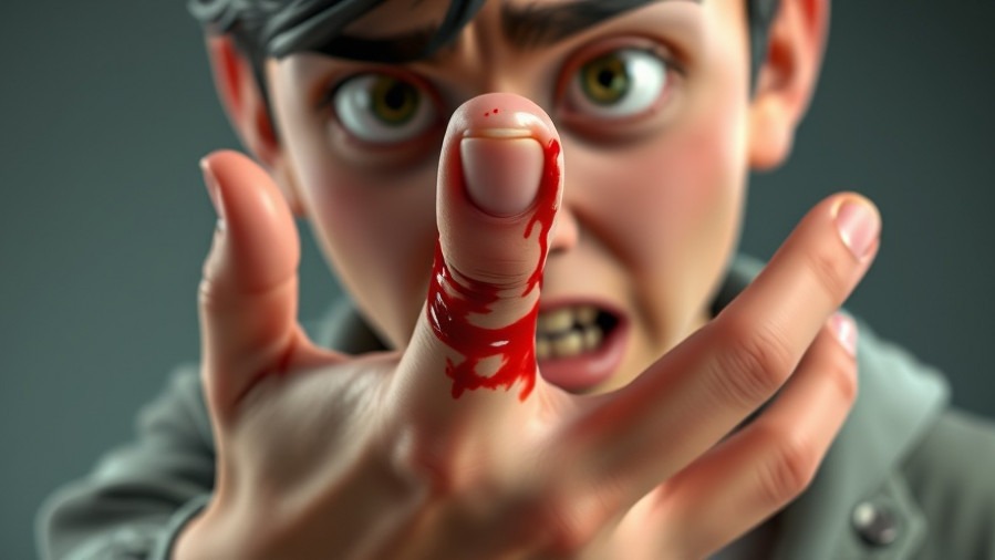 Distressed person in 3D Pixar style after finger amputation emergency.