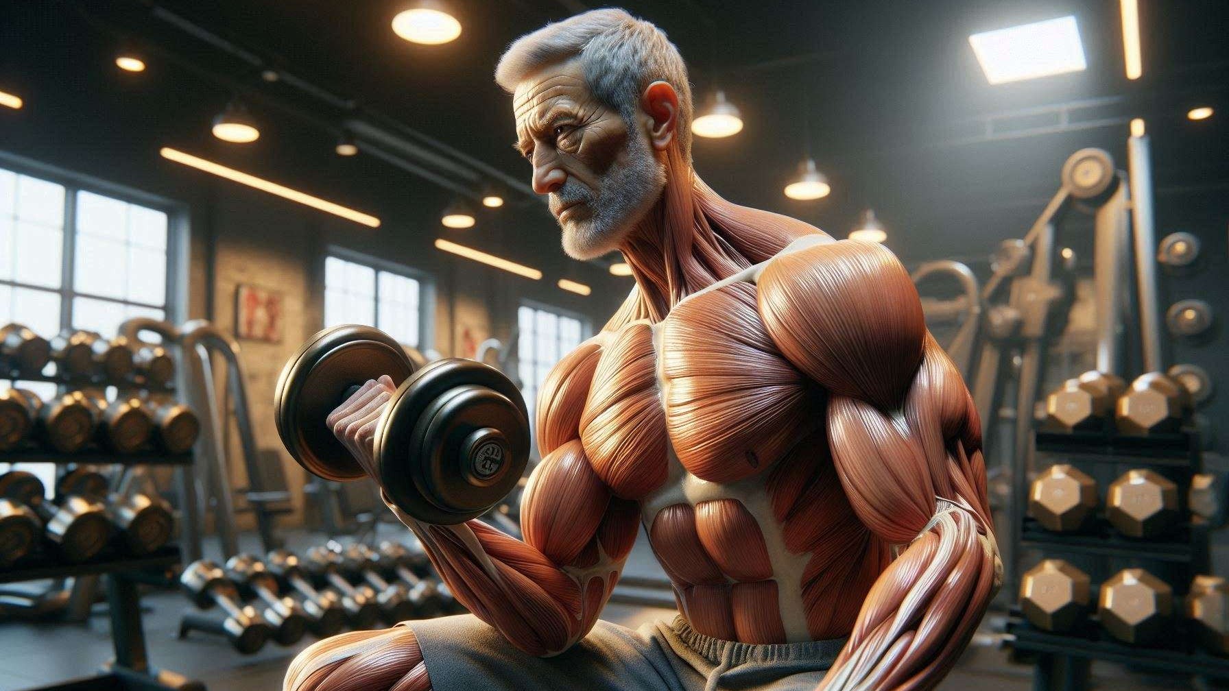 Older man lifting weights showing that strength training slows biological aging.