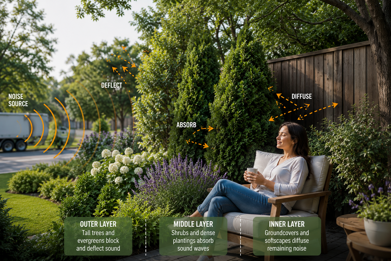 Sound-deflecting garden relaxation design