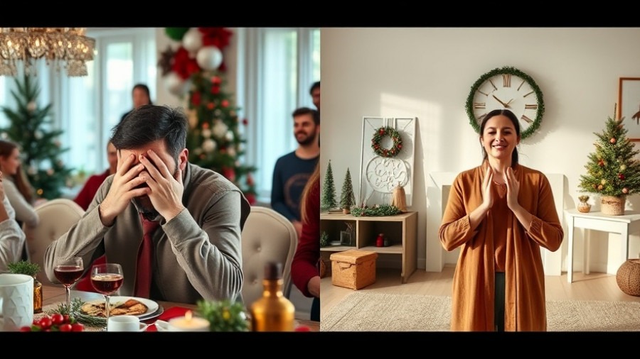 Split-screen of stressed holiday gathering vs calm grounding techniques, showcasing transformation.
