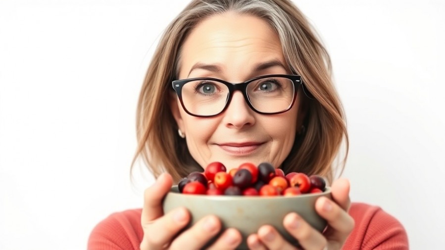 Middle-aged woman with glasses holds goji berries, showcasing superfoods for immunity.