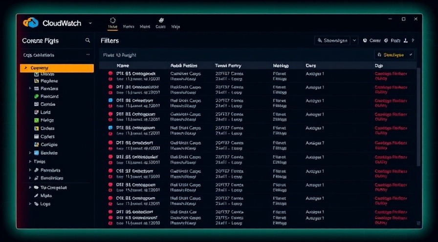 CloudWatch Logs Insights interface with glowing console filters in a neon hacker command center style.