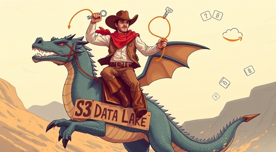 A cowboy on a digital dragon 'S3 Data Lake', using encryption key lasso with AWS icons.