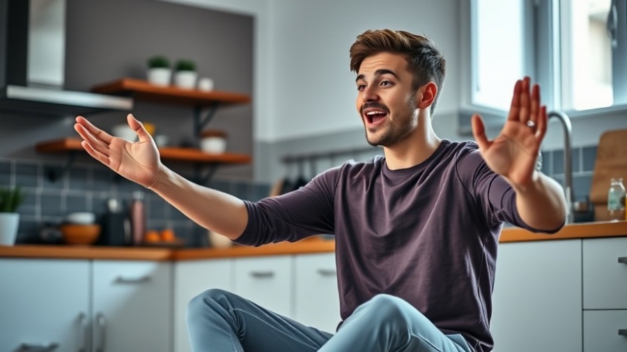 Young man showcases engaging senior fitness exercises in a bright modern kitchen.