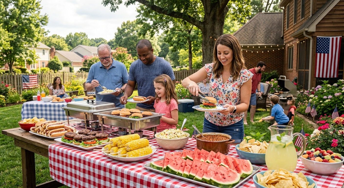 outdoor buffet table loaded with classic budget-friendly cookout foods