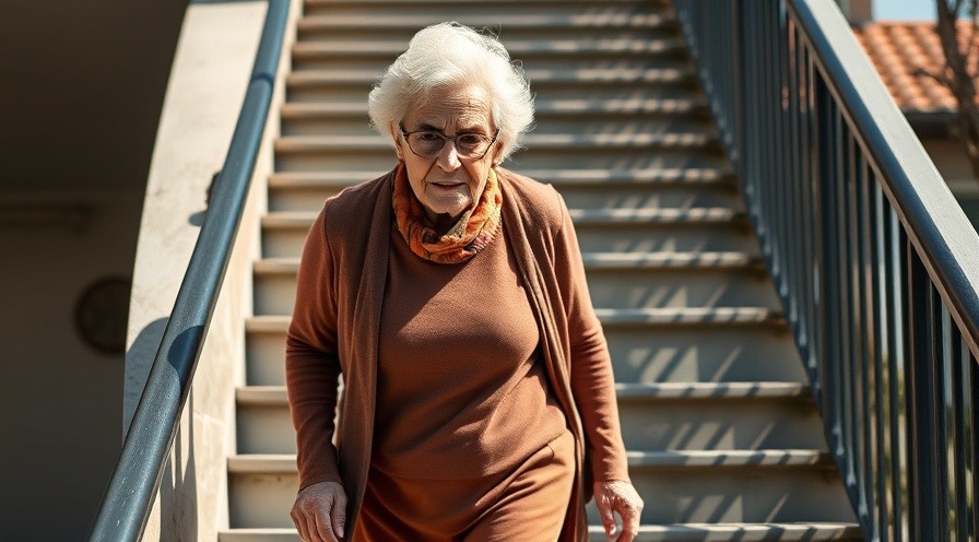 Elderly woman walking down stairs showcasing arthritis exercise benefits in natural light.
