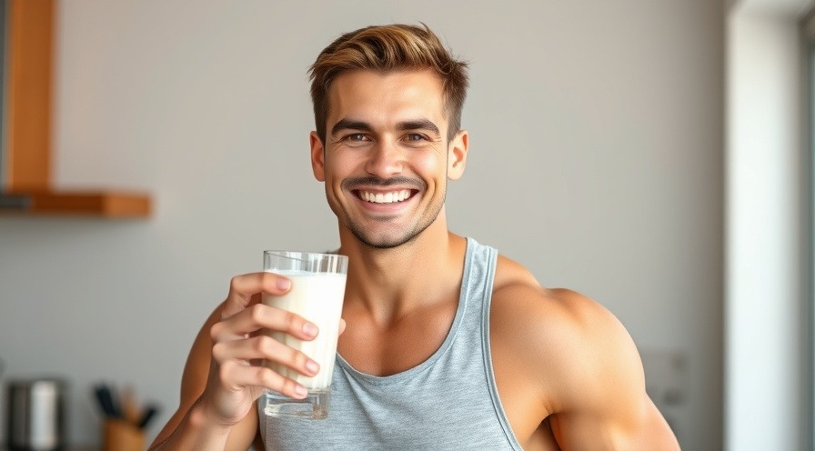 Muscular young adult male smiling while holding a glass of milk