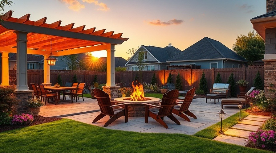 luxury suburban backyard with a cozy pergola and inviting fire pit.