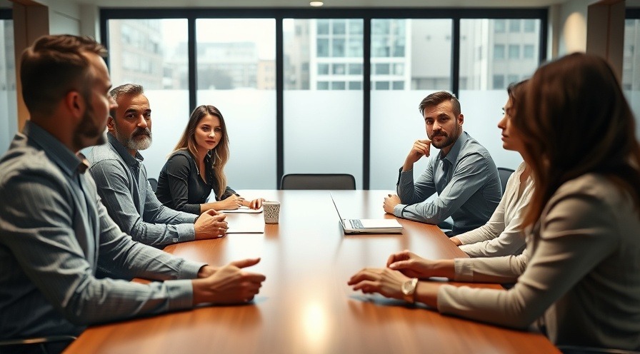 Photorealistic office scene showing teamwork and natural expressions around a conference table.