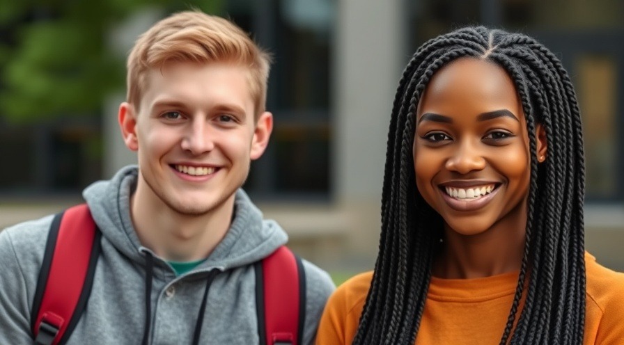 Smiling 18 year old white male and black female IT students with braids