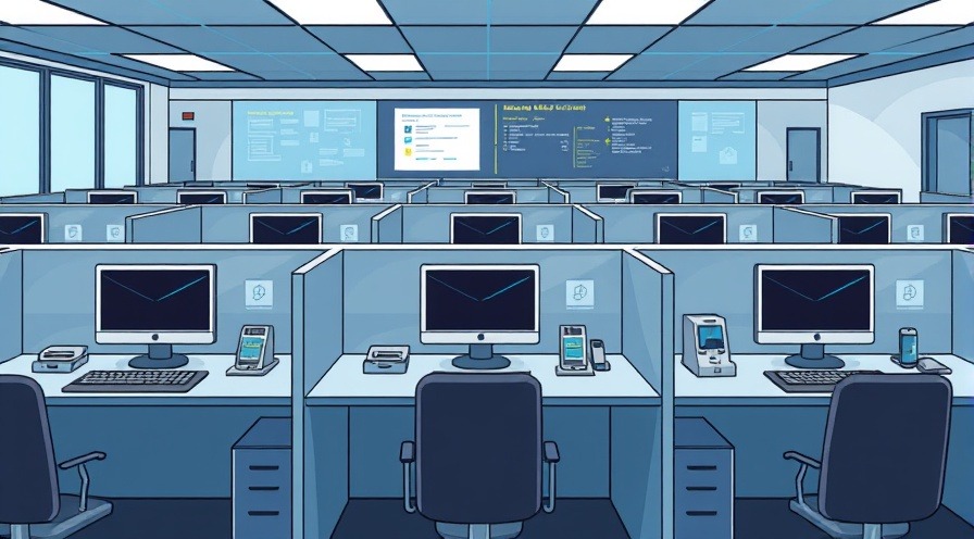 Cartoon style image of an IT certification testing center with monitored cubicles and computers.
