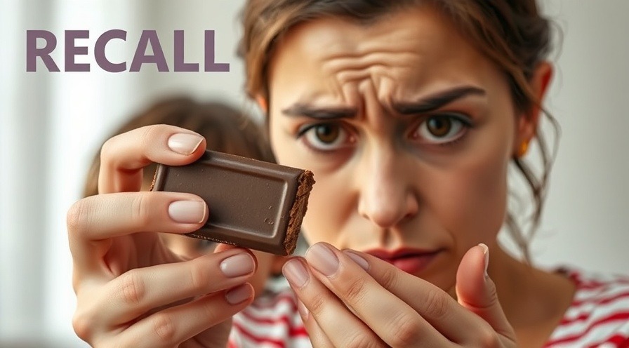 Worried parent examining individually wrapped chocolate bite with child in background.