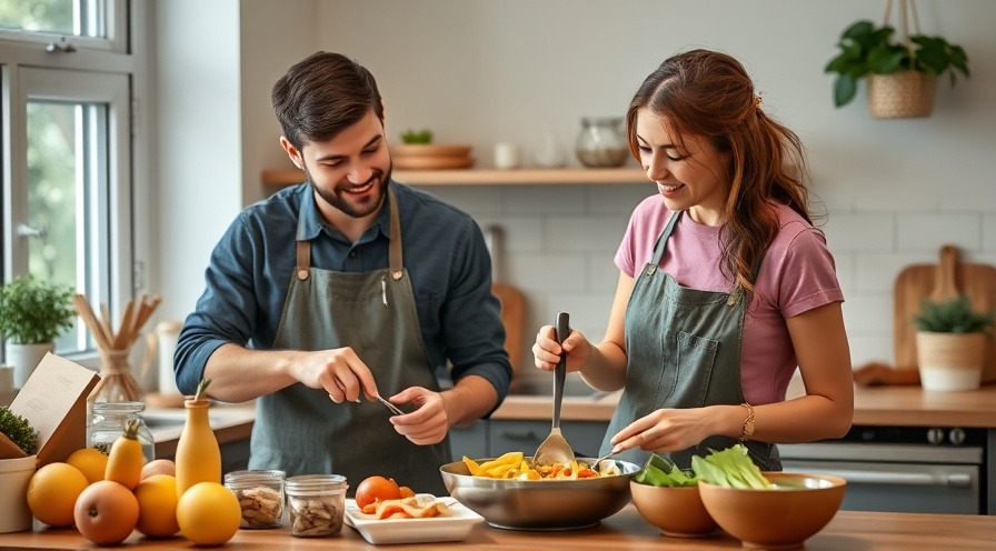 Young adult couple cooking a simple meal together after work for a cozy evening.