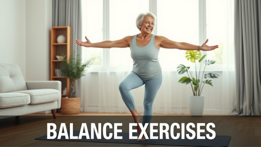 Older woman practicing chair fitness balance exercises at home, smiling confidently.