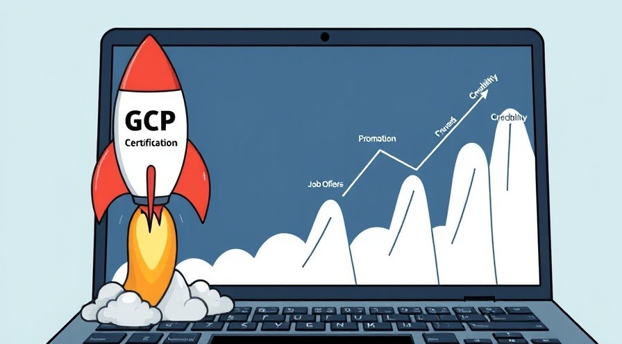 Rocket labeled 'GCP Certification' launching from keyboard with charts of job success.
