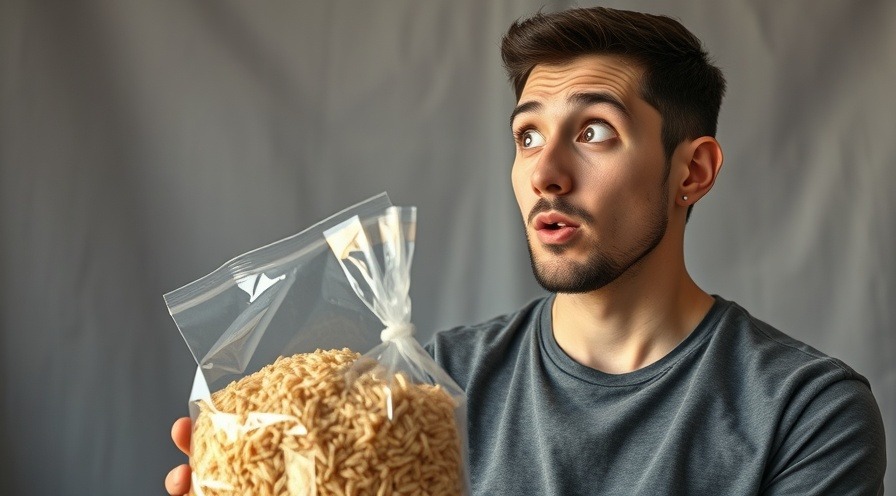 Surprised man examines brown rice bag, highlighting health risks of brown rice.
